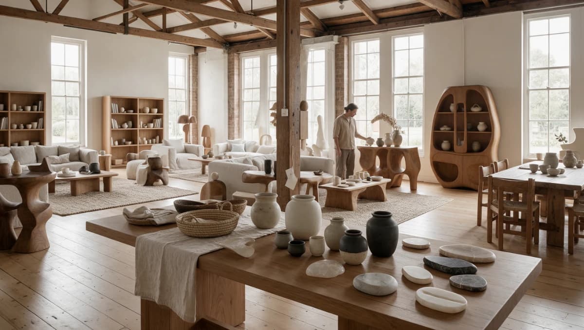 Independent furniture and ceramics showroom with natural timber and generous daylight