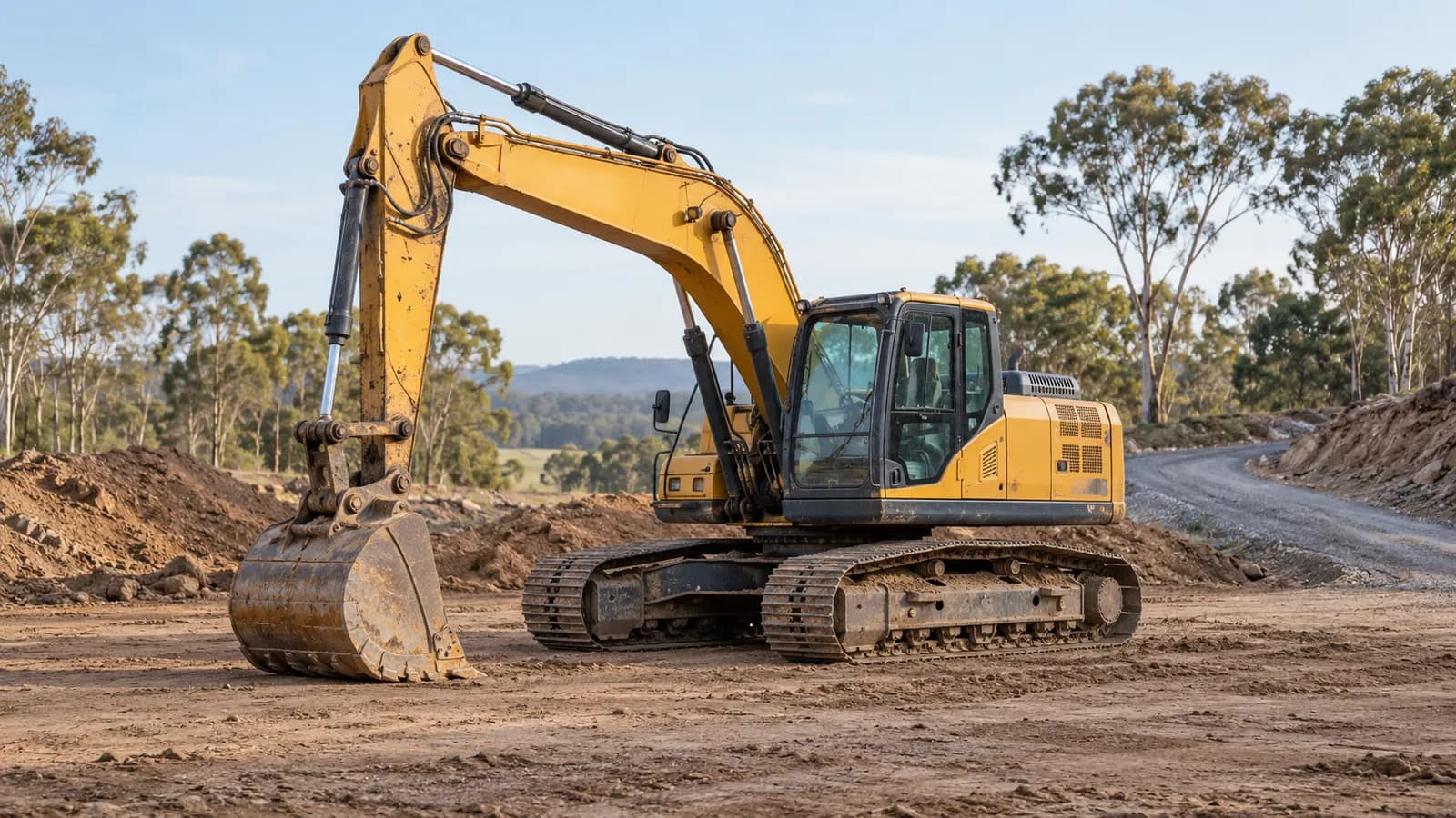 Yellow tracked excavator with its bucket resting on an Australian earthworks site