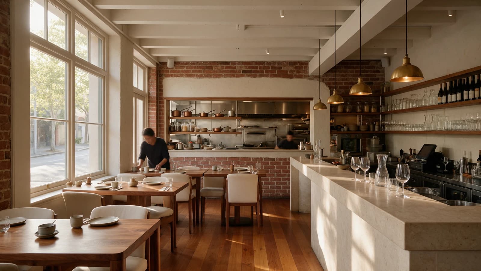 Restaurant owner preparing tables in a sunlit independent dining room