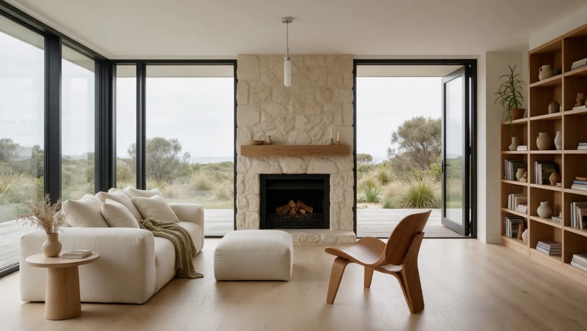 Light-filled coastal living room with linen seating, timber furniture and a stone fireplace