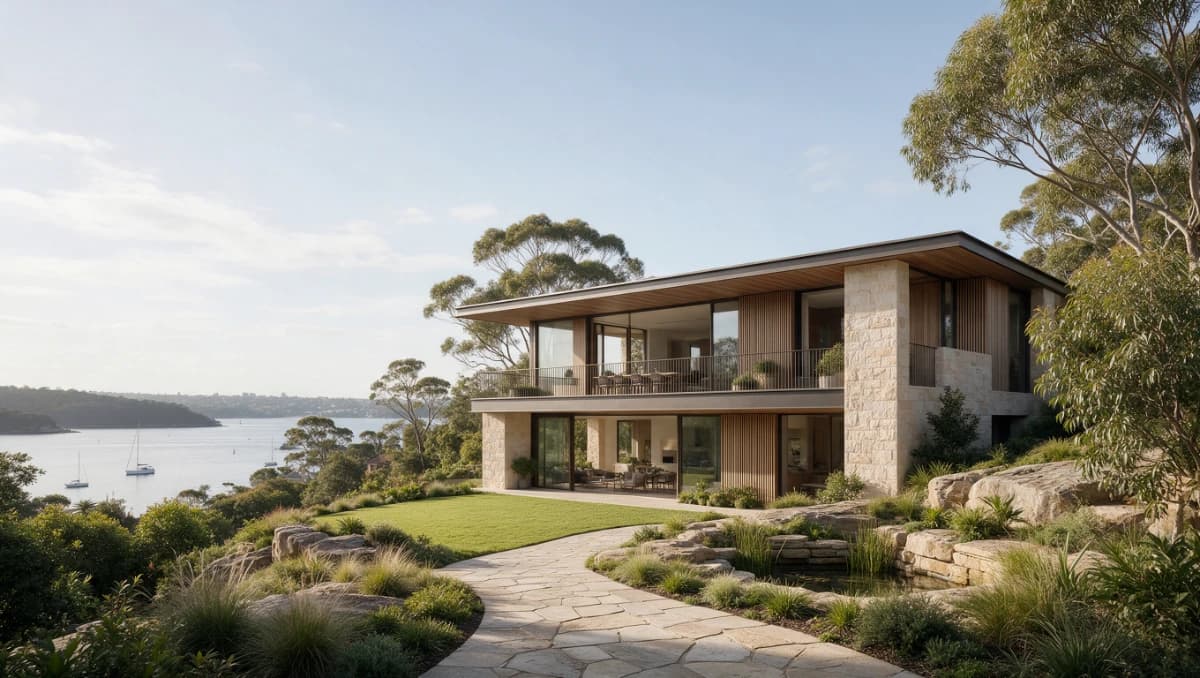 Contemporary stone and timber home overlooking the water through native gardens