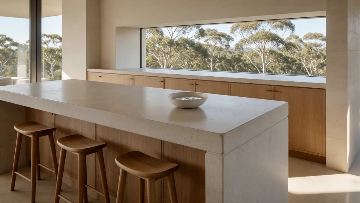 Honed stone kitchen island and oak cabinetry overlooking eucalyptus trees